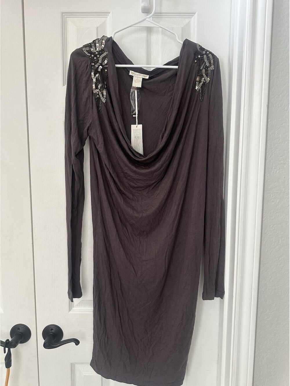 NWT Gold Hawk Embellished Cowl Dress Large Charcoal- Ruched